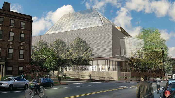 Rendering of the reconstructed Fogg Art Museum from Broadway at Prescott streets