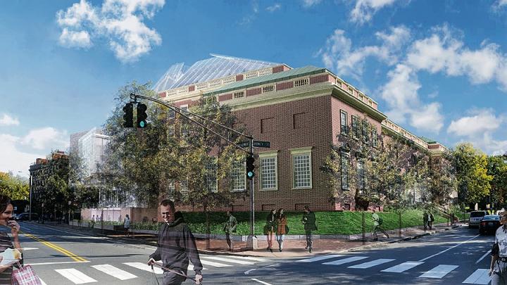 Rendering of the reconstructed Fogg Art Museum from Broadway and Quincy streets