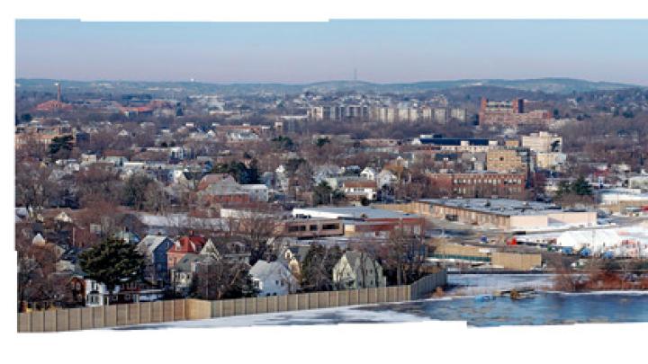 A panoramic view of Allston: the science site (center), Harvard stadium (right)