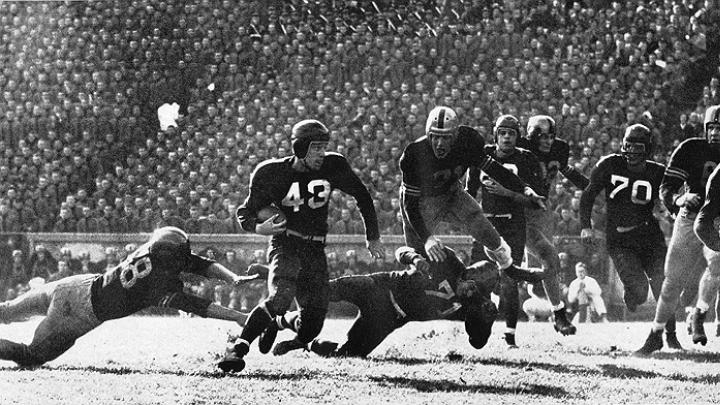 Harvard at Army, 1948: The Black Knights won, 20-7. The ball carrier is Chuck Roche ’50. 