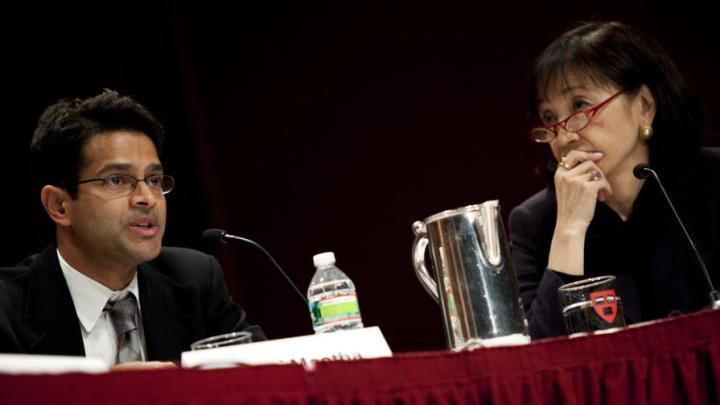 Vamsi Mootha and Vicki Sato, professor of the practice of molecular and cellular biology in the Faculty of Arts and Sciences and professor of management practice at Harvard Business School