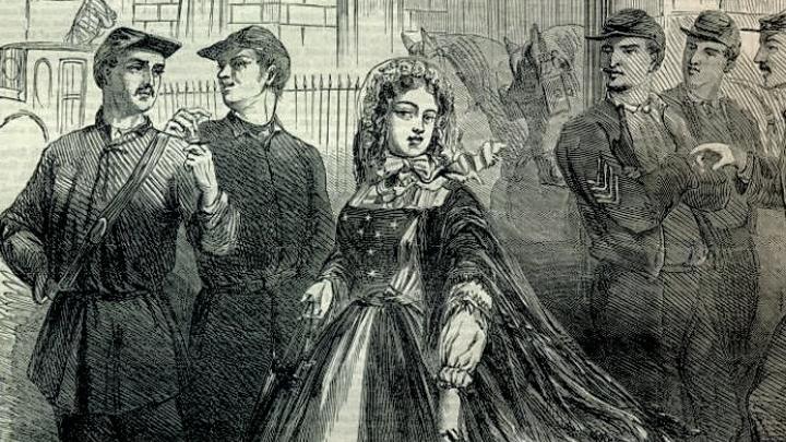A Baltimore “Southern belle” shows her loyalties, wearing a dress sewn with a Confederate flag, <i>Harper’s Weekly,</i> September 7, 1861 