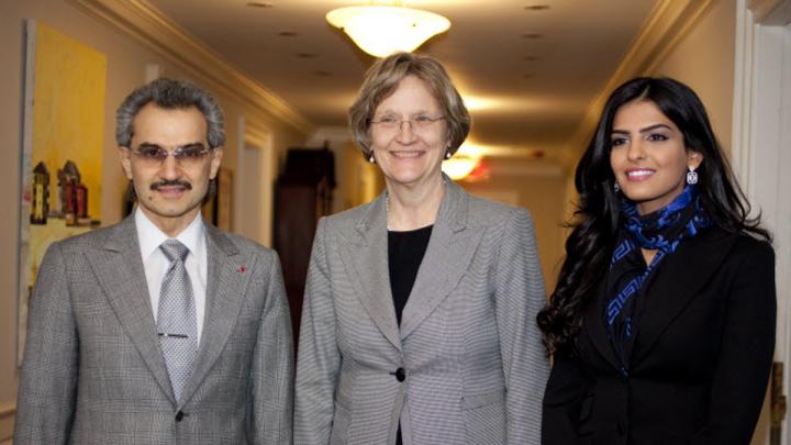 President Drew Faust (center) with Saudi Arabia's Prince Alwaleed bin Talal, funder of Harvard's Islamic studies program, and his wife, Princess al-Taweel.