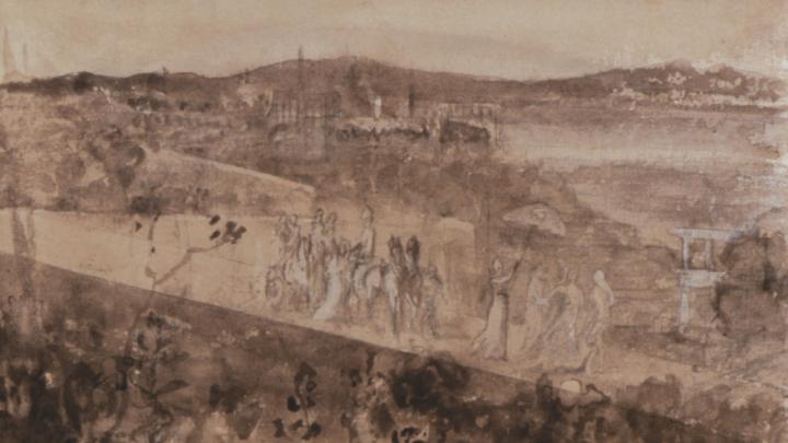 Degas, <i>Cortège aux Environs de Florence</i>. Pencil and wash on paper, 16 x 21 cm.