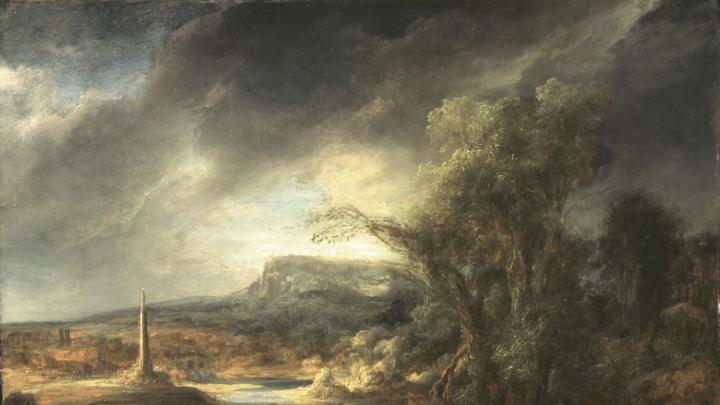 Govaert Flinck, <i>Landscape with an Obelisk, </i>1638. Oil on oak panel, 54.5 x 71 cm. Inscribed faintly at the foot on the right: R. 16.8 (until recently attributed to Rembrandt). Long attributed to Rembrandt, this work was recognized in the 1980s as the work of his pupil, Govaert Flinck. Of Rembrandt, Isabella Gardner wrote to her friend and advisor: “I really don’t adore Rembrandt. I only like him.” Gardner placed this work on a table alongside a window, opposite Vermeer’s <i>The Concert</i>.