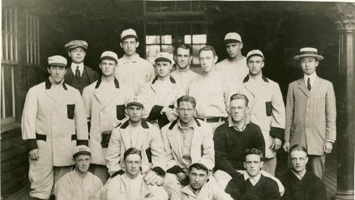 Harvard’s 1912 baseball team. Wingate (front at left, holding cap) was Fenway’s first batter.