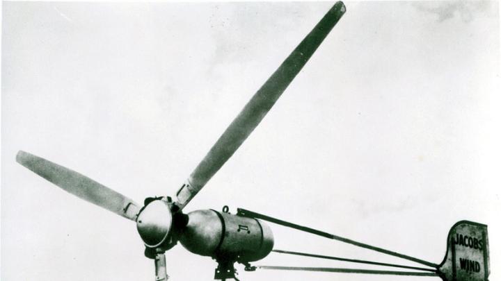 American inventor Marcellus Jacobs atop one of his wind turbines in the 1940s