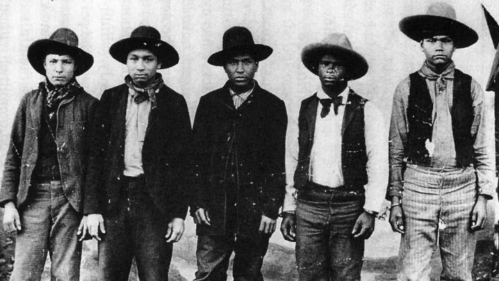 The only known photograph of the Rufus Buck gang, taken in the summer of 1895 in Indian Territory. Buck is in the middle.