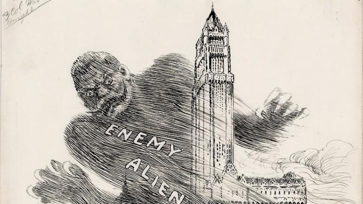 The “Enemy Alien Menace” looms over lower Manhattan: The <i>New York Herald,</i> March 28, 1918; cartoon by W.A. Rogers