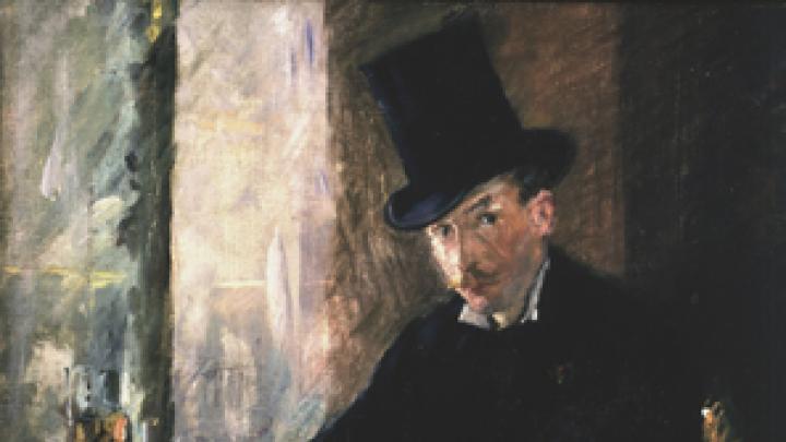 Manet, <i>Chez Tortoni,</i> 1878–1880. Oil on canvas, 26 x 34 cm. Inscribed at the foot on the left: Manet. This picture shows a jaunty gentleman in a top hat writing in a Parisian café. Gardner placed this small work on a table beneath the darker and far more somber portrait of Manet’s mother, shown as a widow in a black veil and a silk dress entirely in black. The painting is believed to have been painted in the café, Chez Tortoni, located in the Rue Laffitte, Paris, where Manet frequently lunched.