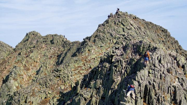 Hikers in Baxter State Park tackle the craggy rocks that form Mount Katahdin’s famous Knife Edge…