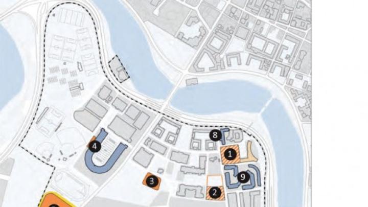 Harvard's new master-plan submission shows the already-approved Allston science center site as the large tan block outlined in yellow at the lower section of the map.