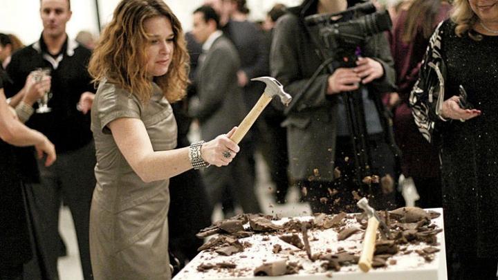 A participant smashes a chocolate bunny.