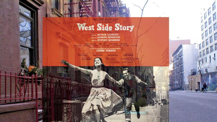 The <i>West Side Story</i> cover superimposed on the place where it was originally photographed.