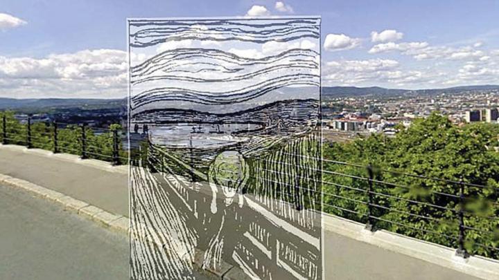 Edvard Munch&rsquo;s 1895 lithograph of <i>The Scream</i> superimposed on its natal site, a road called Valhallveien overlooking Oslo from the south 