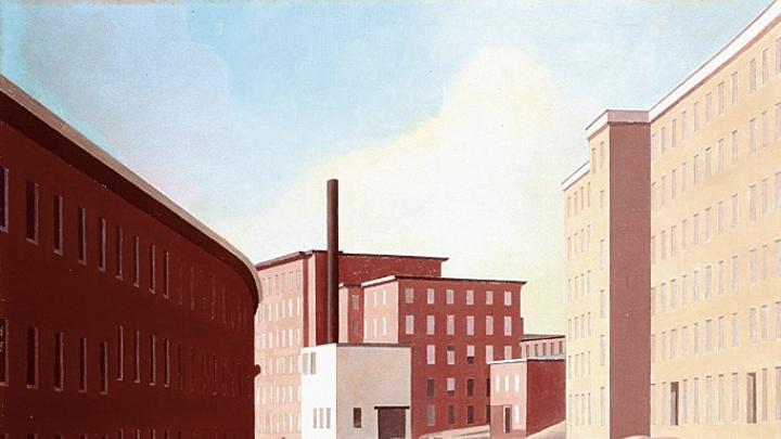 Charles Sheeler’s serene view of the <i>Amoskeag Canal</i> (1948), another work in the Currier Museum’s collection