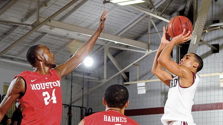 According to Tommy Amaker, Siyani Chambers &rsquo;16, shown here against Houston, is Harvard&rsquo;s &ldquo;most important&rdquo; player. 