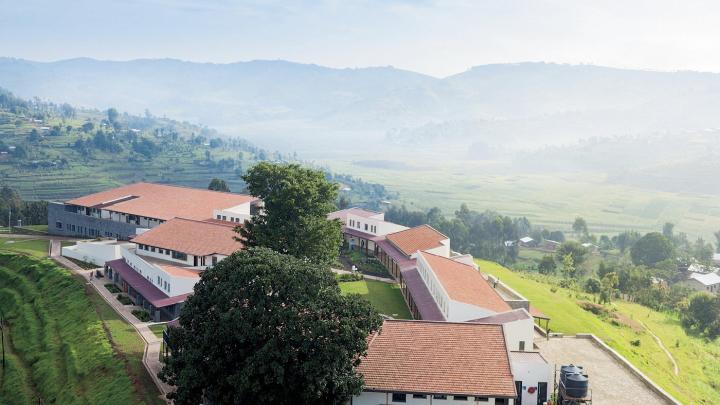 An aerial view of MASS Design's Butaro Hospital, in rural Rwanda