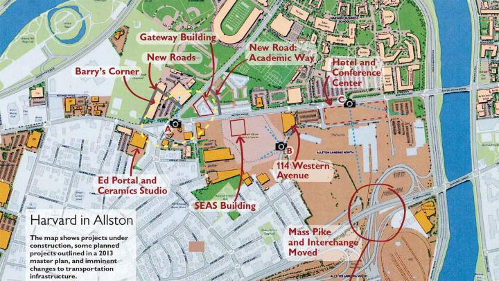 Harvard in Allston (<a title="Harvard in Allston (map)" href="http://harvardmagazine.com/sites/default/files/MA15_pg22_map.jpg" target="_blank">Click to view a larger version.</a>) The map shows projects under construction, some planned projects outlined in a 2013 master plan, and imminent changes to transportation infrastructure.