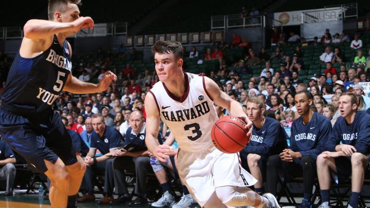 Tommy McCarthy ’19 (shown here in earlier action against Brigham Young) led Harvard with 21 points on Saturday against Cornell, none more important than the game-winning basket with six seconds remaining.