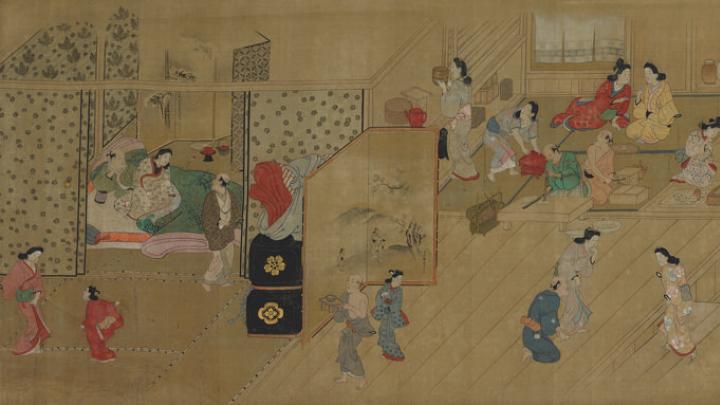 Painting of women and men preparing for evening guests at an inn in Edo’s red-light district