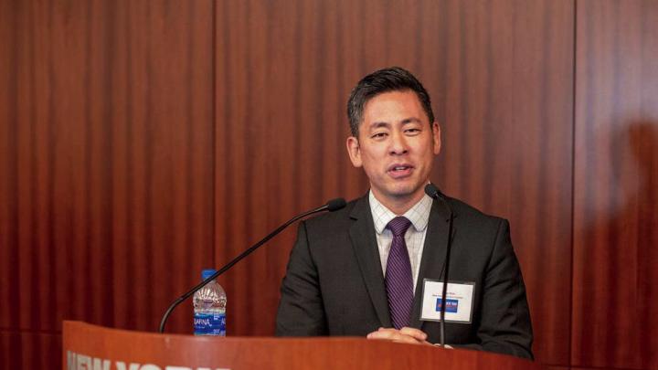 Photograph of Steven Choi advocating funding for 2020 census count