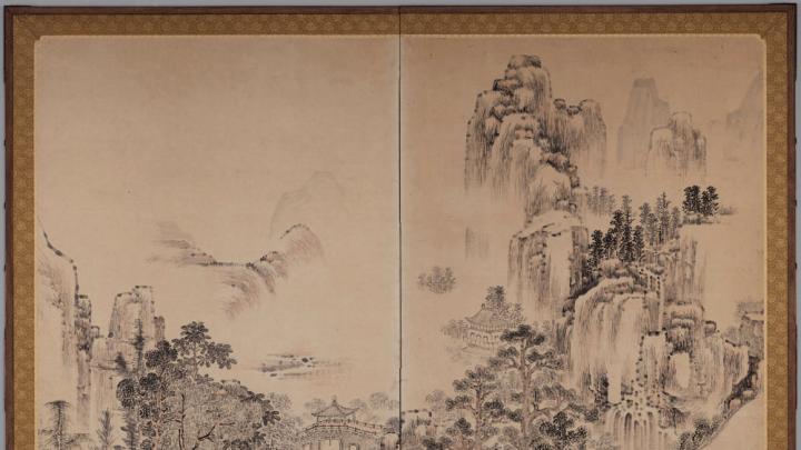 A detailed mountain landscape with village buildings, in the Chinese style