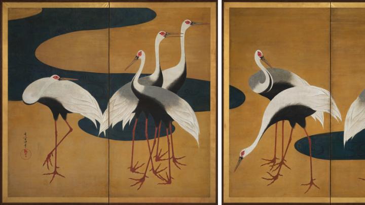 A grouping of Japanese cranes against a gold background
