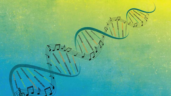 An evocative illustration that incorporates musical notation into the familiar double helix of DNA
