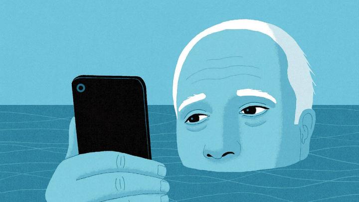 Blue-tinted illustration of a man holding his head and his smartphone above water.