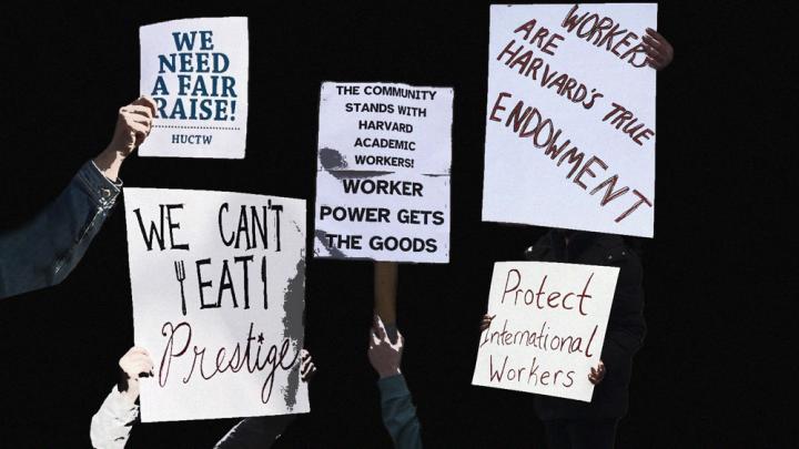 A photo montage of protest signs; one reads, "Workers are Harvard's true endowment."