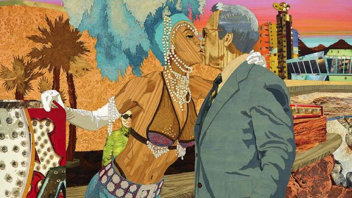 Art depicting Vegas showgirl kissing businessman
