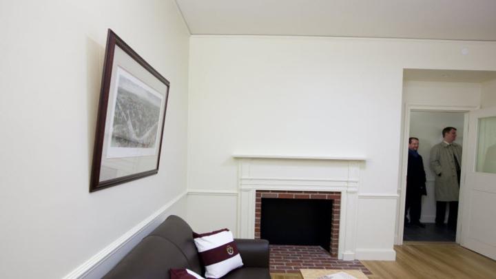 Photograph by Rose Lincoln/Harvard News Office Common room fireplace