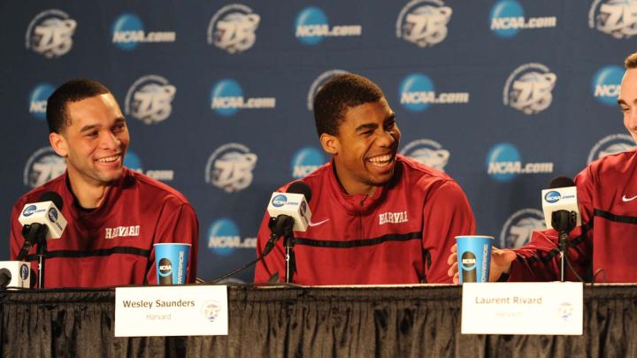Webster, sophomore Wesley Saunders, and junior Laurent Rivard share their excitement at a press conference after the game.