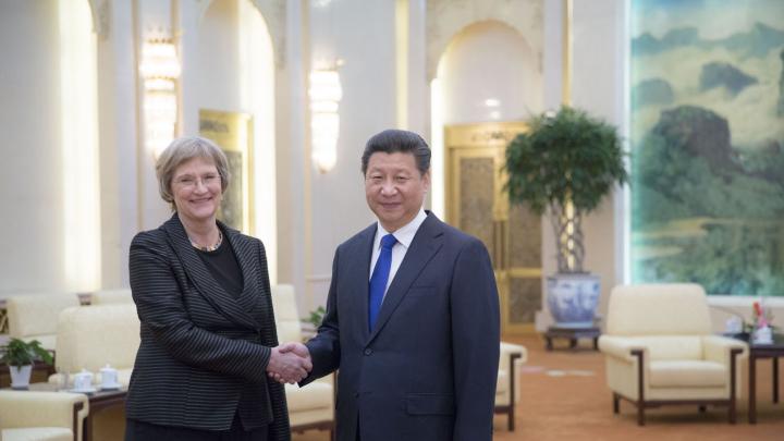 Harvard President Drew Faust meets with President Xi Jinping of the People’s Republic of China inside the Great Hall of the People, in Beijing.
