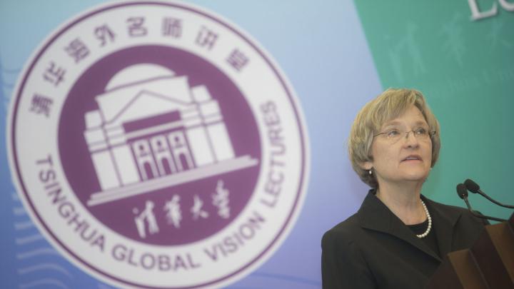 President Drew Faust delivering her address on climate change at Tsinghua University