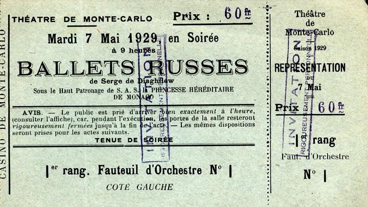 A ticket to Diaghilev's Ballets Russes, 1929