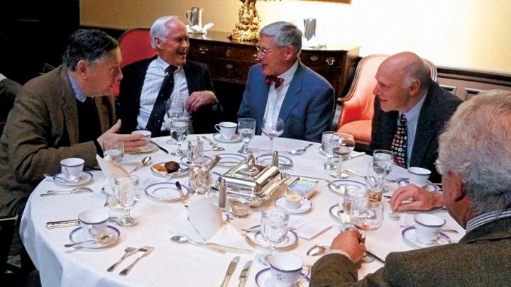 Members of the class of 1960 at lunch at the Somerset Club (from left: Harry Wise, Hale Sturges II, David Ries, and Peter Mebel).