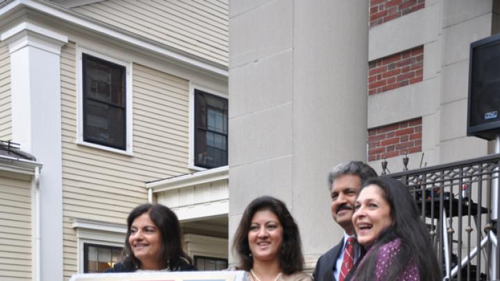 Anand Mahindra (third from left) and his wife, Anuradha Mahindra (at right), with Mr. Mahindra's sisters, Anuja Sharma (left) and Radhika Nath (second from left) at the Mahindra Humanities Center inauguration