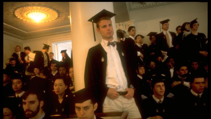 Memorial Church overflows with seniors on Commencement morning. Standing in the balcony in 1996 was Michael Preston of Lowell House and Madison, New Jersey.