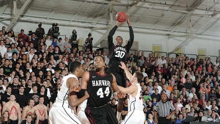 Standout players Kyle Casey (30) and Keith Wright (44) in action as Harvard, in its final home game, beat Princeton 79-67 to clinch a share of the Ivy league championship.