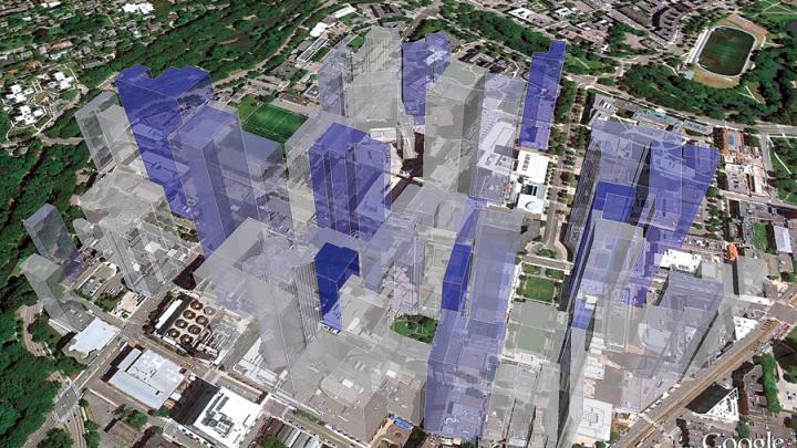 In this 3D representation of the relationship between collaboration and mean citation impact in the Longwood Medical Area, each building’s height reflects the number of citations of papers originating in the building, while the color gradient (from gray/low to blue/high) represents the proportion of publications originating from that building in which both first and last authors work in the building.