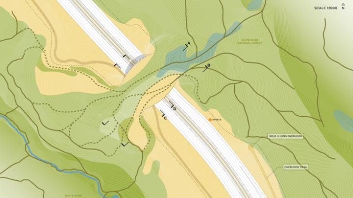 An overview of the site showing vegetation types and the site of a viewing overlook, submitted by Olin Studio