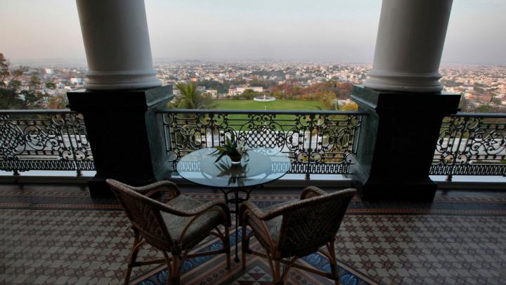 The Falaknuma Palace, another Asaf Jah palace in Hyderabad, looks out over the city. This palace was renovated into India's only seven-star hotel, and is operated by Taj Hotels; Mehrotra's firm consulted on the restoration effort.