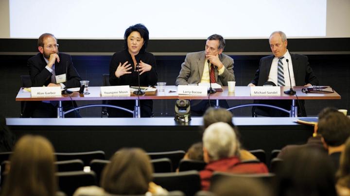 Left to right: Alan Garber, Youngme Moon, Lawrence Bacow, and Michael Sandel at the closing panel on “Looking to the Future”