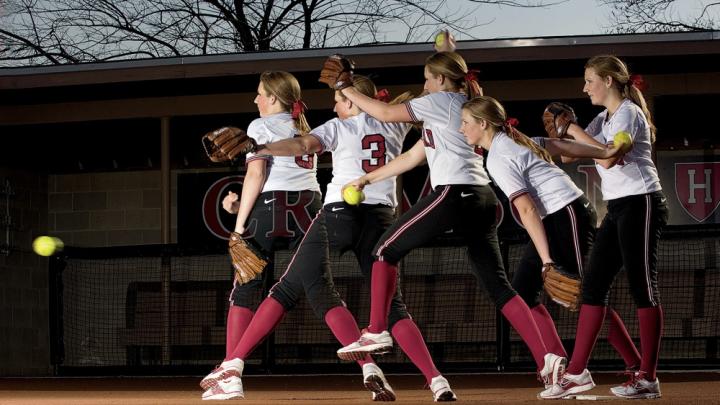 Multiple images of Rachel Brown’s pitching motion. Softball pitchers may take one step forward from the rubber while dragging the back foot.