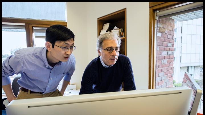 Peng Yi and Douglas Melton, looking at images from their study.