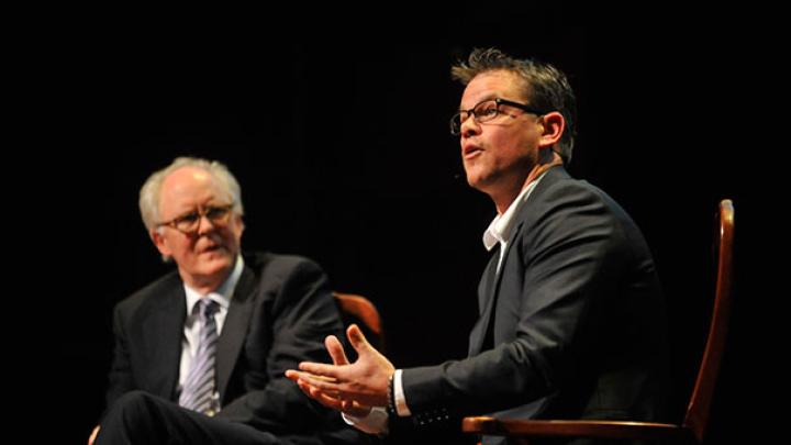 In a sometimes funny, sometimes poignant on-stage conversation with actor and master of ceremonies John Lithgow ’67, Ar.D. ’05, Matt Damon talked about his career in Hollywood and reminisced about his Cambridge roots, including his days at Cambridge Rindge and Latin High School and his undergraduate years at Harvard.