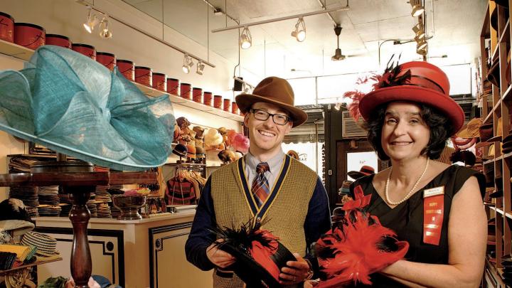 Nancy Sinsabaugh and Salmagundi proprietor Jessen Fitzpatrick display the &ldquo;ladies top hat.&rdquo; 
