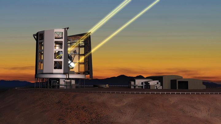 A rendering of the Giant Magellan Telescope in operation in Chile, deploying the lasers for its adaptive-optics system 